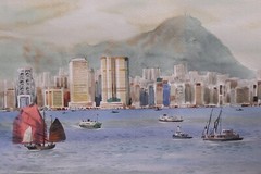 TIK LUNG ORIGINAL WATERCOLOR SIGNED 1986 VICTORIA HARBOR HONG KONG