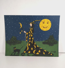 Original Halloween Painting Witch Black Cat Full Moon Party by Margaret Truitt