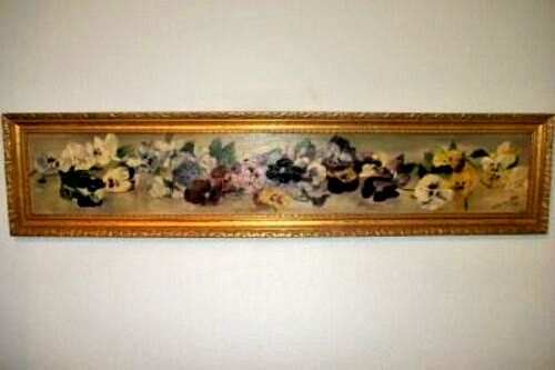 Victorian Yard Long Oil Painting Pansies 1892 Signed Germany Gilt Wood Frame
