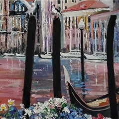 YARY DLUHOS Venice Italy City Grand Canal Pier Eve Gondola Original Oil Painting