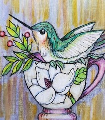 Original Art 4×4 – Hummingbird in a Teacup – Colored Pencil on Wood Panel