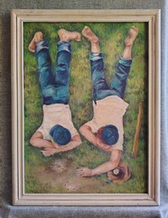 OIL PAINTING BOYS WATCHING ANTS Baseball Game Original ART ’64 Signed Framed 27″