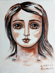 Original Folk Art. GIRL IN BROWN. 6″x8″ Stretched Canvas. Acrylics & Gesso