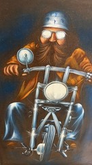 Vintage Black Velvet Biker Oil Painting With Wood Frame Rustic Motorcycle Decor