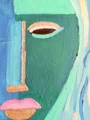 Authentic Oil Painting Modern Semi-Abstract Woman Face Blue Green Gold Small USA