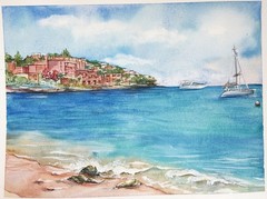 Ibiza Beach Seascape Original Watercolor Painting Mediterranean Coastal Art 9×12