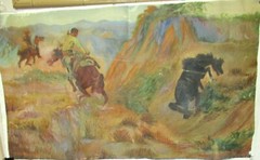 R.V. MURRAY TAMING A WILD HORSE OIL ON CANVAS WESTERN DESERT LANDSCAPE PAINTING