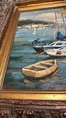Impressionist Style Canvas Oil Painting Boats In Harbor Scene Ornate Frame