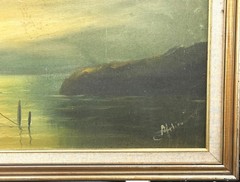 VTG Mid-20th C Orig. European School Nautical O/C „Sunset Harbor Scene“, Signed!