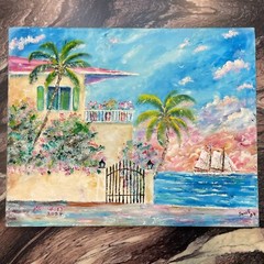 Original Key West 2004 Signed Painting on Canvas, House by the Water, 20″ x 16″