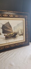 Vintage P. WONG Oil Painting Canvas Framed Seascape Nautical Junk Boats. 20×23