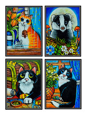 ACEO Original Pets 4 pcs Art Card Acrylic 100% Hand Painting Free Shipping
