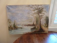 Antique 19th C Landscape with Lake Boat Country Lane with Figure Trees 17 X 24″