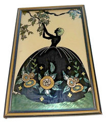 vintage lady in ball gown green black silhouette reverse painting butterfly wing