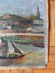 Vintage 1950 Oil on Canvas Landscape Boats Harbor Ecuador 21×15 Jean Schweckler
