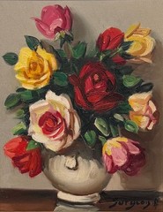 Vintage French Oil Painting, Bouquet of Flowers in a Vase, Roses, Signed