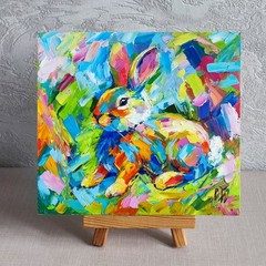 original oil painting Rabbit Bunny Pet artwork Colorful animals wall art 8*7 in