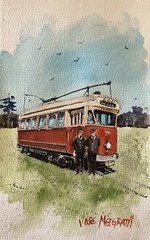 Small ORIGINAL Watercolor Sketch Painting NOT A PRINT Historic Tram