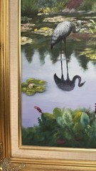 Original Art Painting Canvas Framed Bird Water Naturescape Heron Crane Signed
