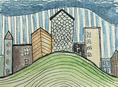 ACEO Hill Town Watercolor Town Landscape Original Painting Art Card Hand Paint