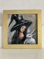 original oil painting Portrait Girl Witch, Rabbit 20x20cm Impressionism Gift