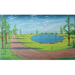 “The Pond” (1986) by Kenneth Stancin – Original Oil/Acrylic on Board – 24″ x 39″