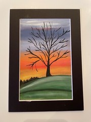 Original oil painting 5 X 7 inches Including Black Matting tree at sunset