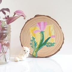 OOAK Original Acrylic Painting Wildflowers Wood Slice Solid Panel Pale Pink Bud