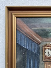 Oil Painting Farmhouse Interior Bed Grandfather Clock Oven Copper Cauldron Broom Table