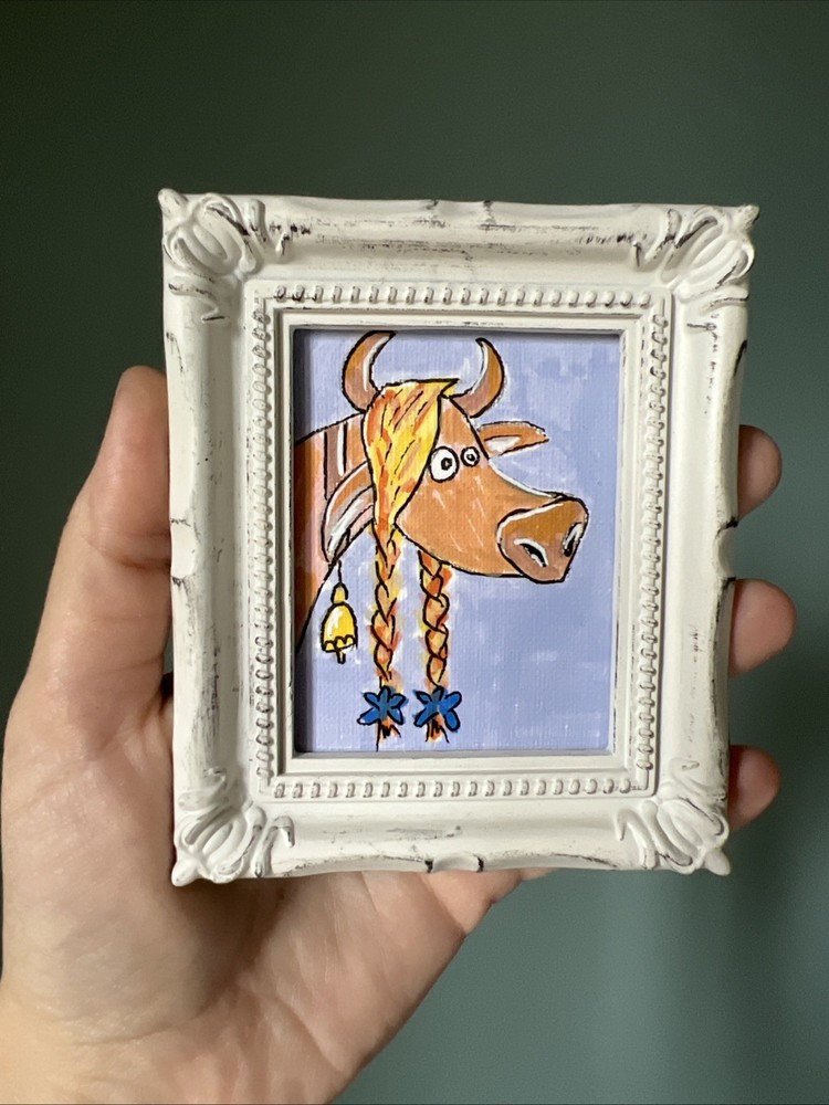 Funny Cow,whimsical ,funny,cute,original,miniature Painting,small,mini,framed