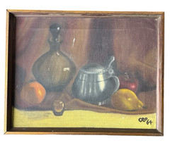 Vintage Oil Painting Still Life Pewter Pitcher Bottle Fruit Signed 1964 Framed