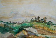 HELEN RYF – Vintage Mixed Media/Collage Landscape Painting – Canada – C. 1990