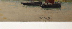 SYDNEY RICHMOND BURLEIGH Original Watercolor Coastal Town with Boats 1925