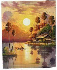 Oil Painting Rural Sunset River Mountain Khmer House Cambodia 40cm X 50cm