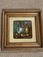 Pair of Vintage Folk Art Miniature Italian? Oil on Board Still Life Paintings