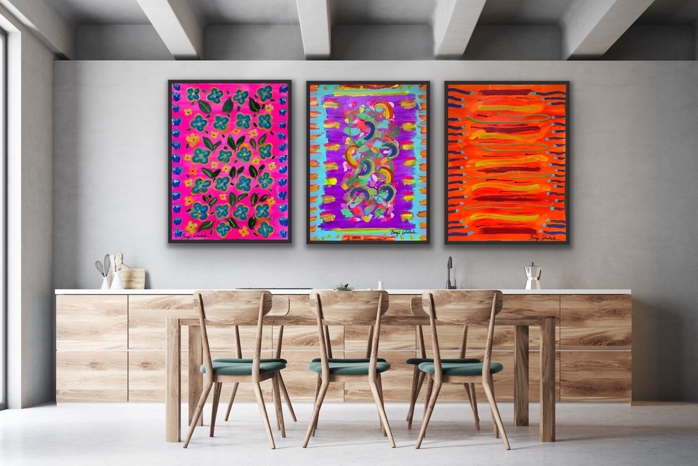Trio set: Pinata Fiesta. Colorful abstract Mexican art.