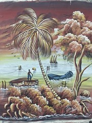 Original Haitian oil hand painting 20in x 19.5in sunset boats fishing island
