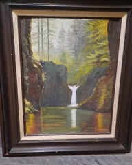 Vintage Landscape Waterfall Painting Frame Signed 24″ X 28″