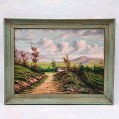 Vintage European Oil Painting Landscape Cottage Mountain 22×18 Framed Original