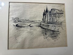 Dines Carlsen (1901 – 1966) „Palais de Justice From Pont Neuf“ Charcoal Drawing