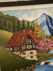Hand Painted Mountain Village River Cottage Landscape Framed Art | Ships Free