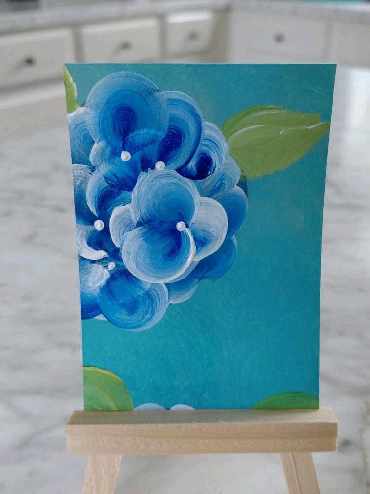 Aceo Original Painting Acrylic Flowers Hydrangea Blue Series 5 Of 5 2.5×3.5