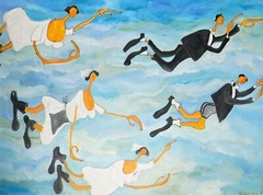 ANN KRASNER ORIGINAL OIL PAINTING ON CANVAS TITLED „FLYING FIGURES“ 1999 SIGNED