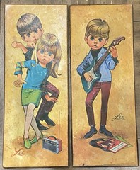 Vintage Lee Big Eyed „Go-Go“ Teen Rockers On Canvas 1960s Retro Mod Framed Set 2