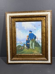 C. Manuel Signed Original Impressionist Oil Painting Captain and Boy Wood Frame