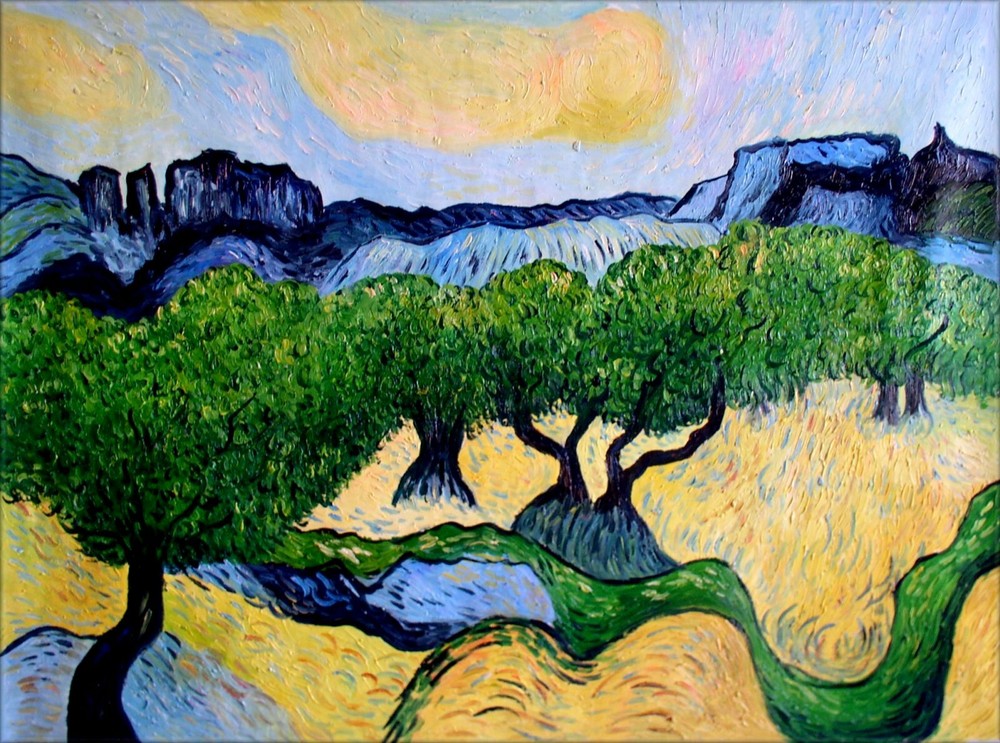 Van Gogh Olive Trees w/Alpilles Repro, Quality Hand Painted Oil Painting 36x48in