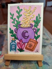 ACEO Watercolor atc 2.5×3.5 Painting Spooky Cute Cauldron spells plants bottles