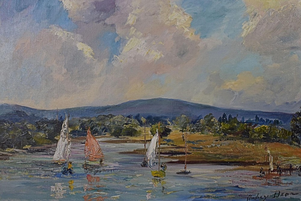 Audrey Dean Oil Painting c1970s Yachts on a Lake British West Country School