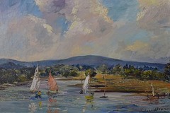 Audrey Dean Oil Painting c1970s Yachts On A Lake British West Country