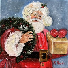 ORIGINAL OIL PAINTING SANTA CLAUSE CHRISTMAS WINTER ON STRETCH CANVAS SIGNED 6×6